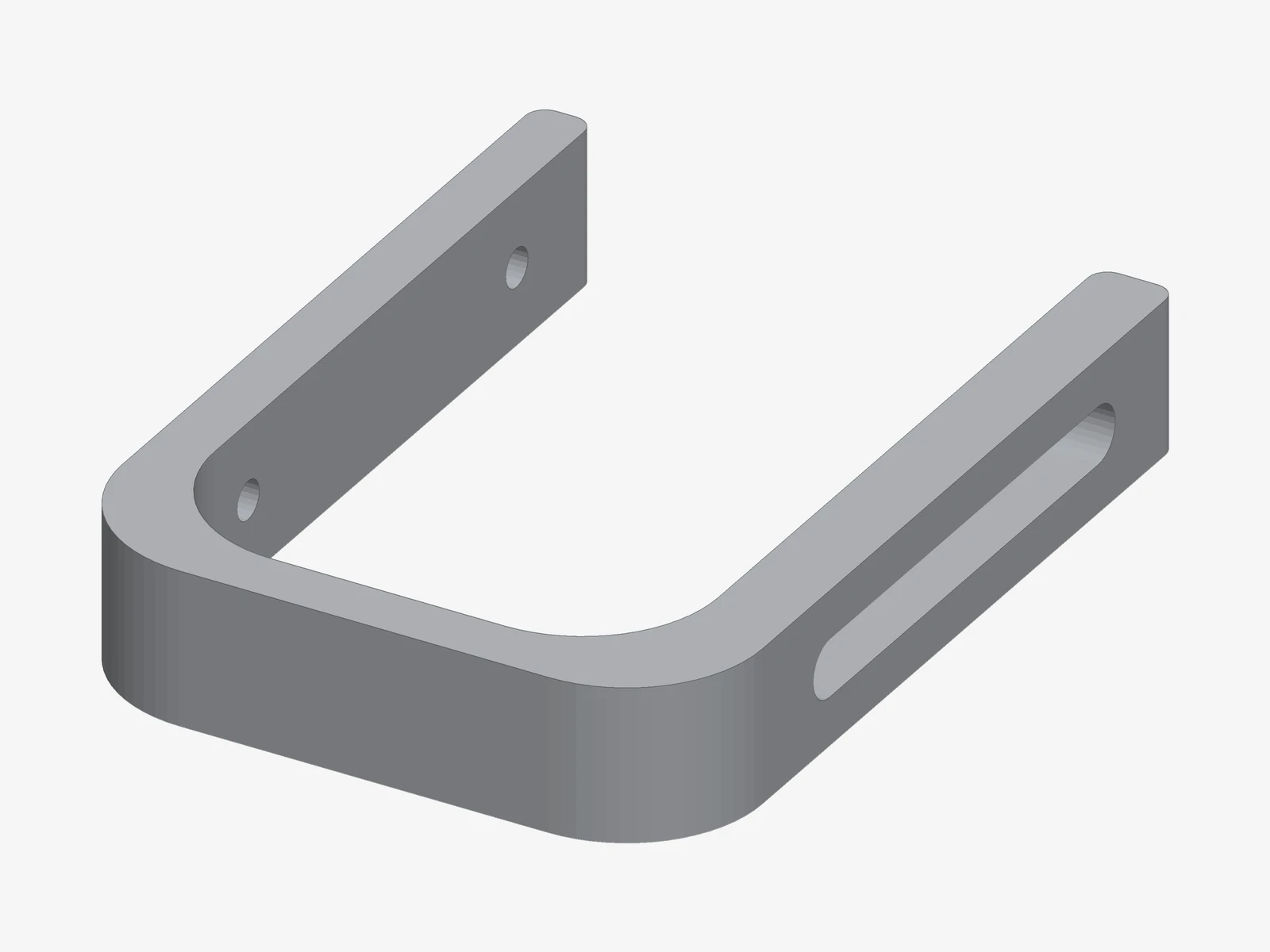 RC plane ceiling holder 130 mm, isometric view with the counterbored ceiling holes and the slotted lower arm (render)