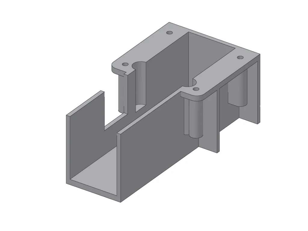 Servoless electric retract landing gear housing (3500G), rear isometric view with the leg channel and screw bosses (render)