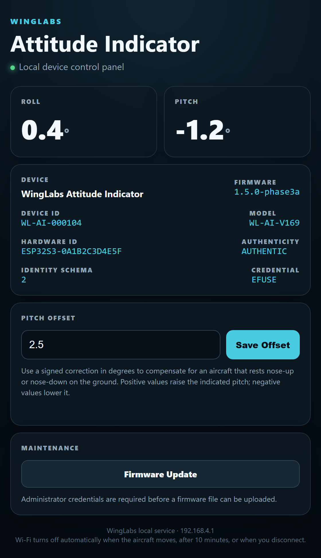 WingLabs control panel on a phone