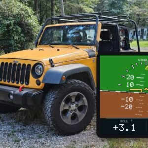 A Jeep Wrangler and the live display of the WingLabs Off-Road Inclinometer