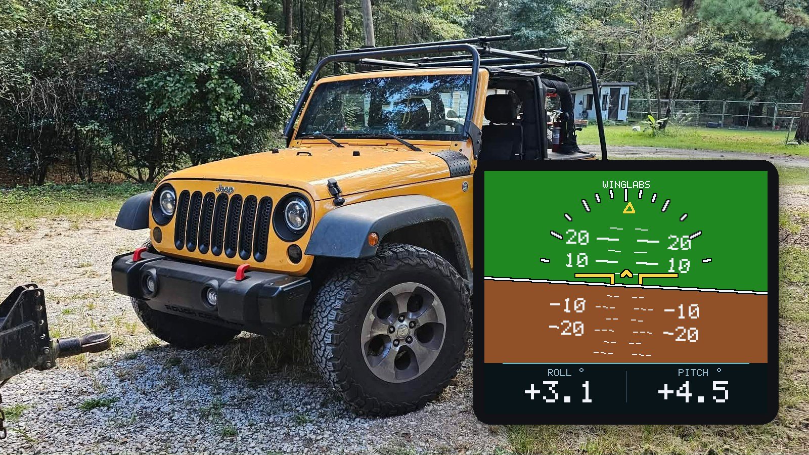 A Jeep Wrangler and the live display of the WingLabs Off-Road Inclinometer