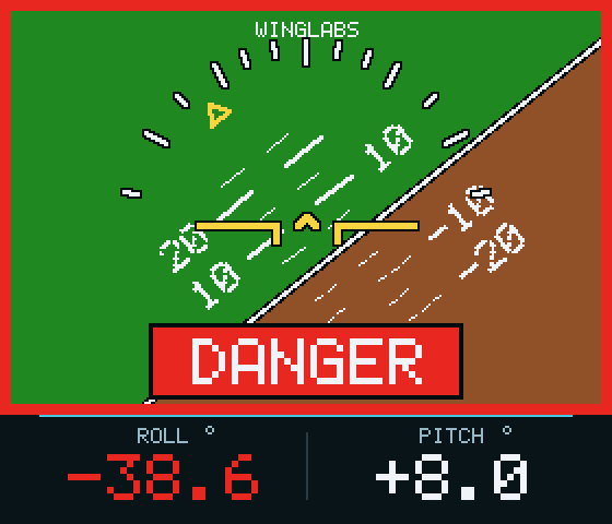 Live display with a red frame and flashing DANGER banner, roll value in red