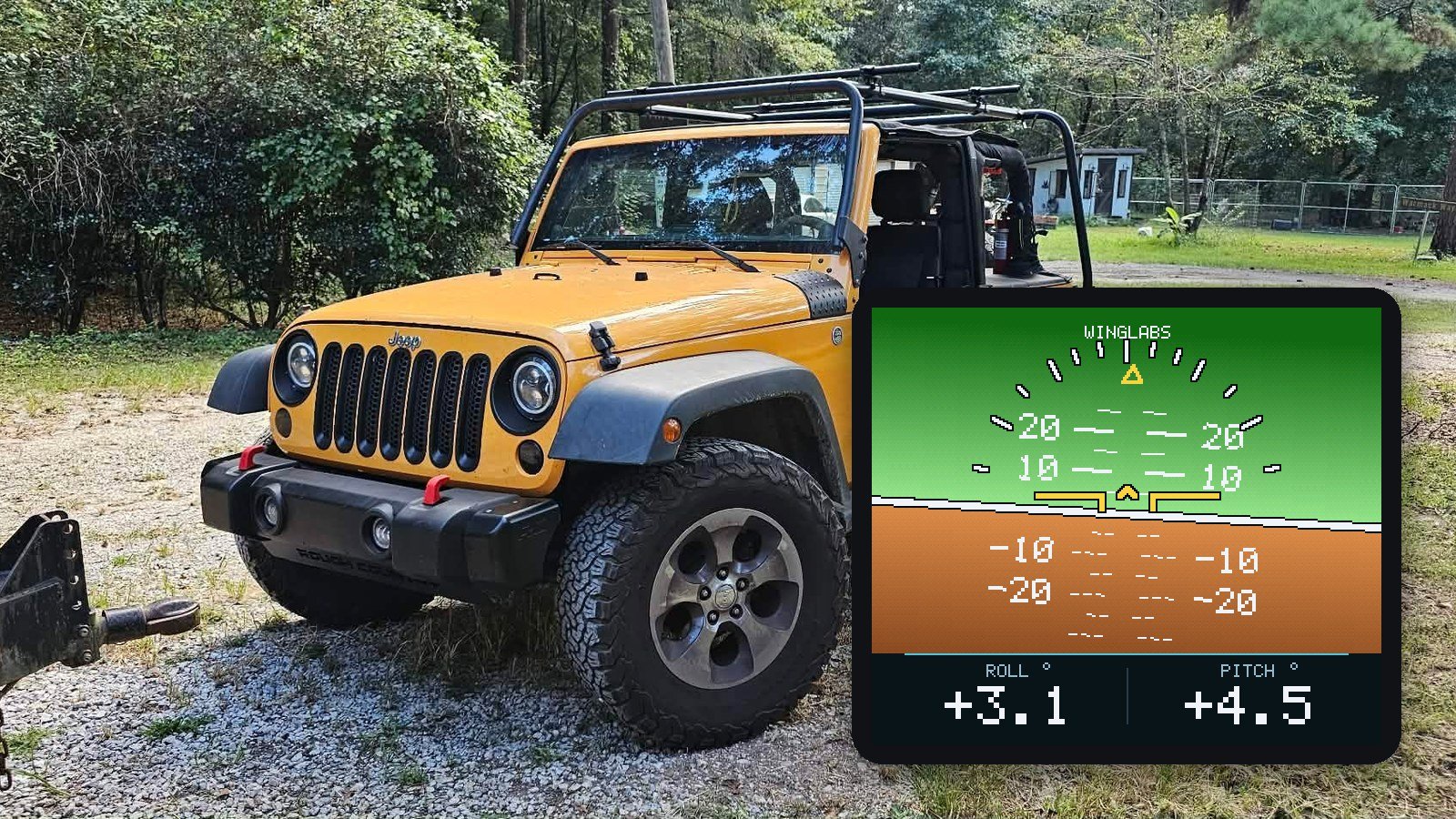 A Jeep Wrangler and the live display of the WingLabs Off-Road Inclinometer