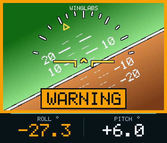 Live display with an amber frame and WARNING banner, roll value in amber