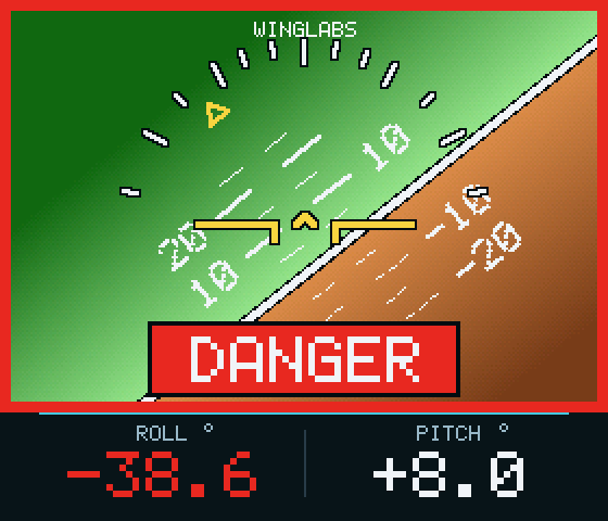 Live display with a red frame and flashing DANGER banner, roll value in red