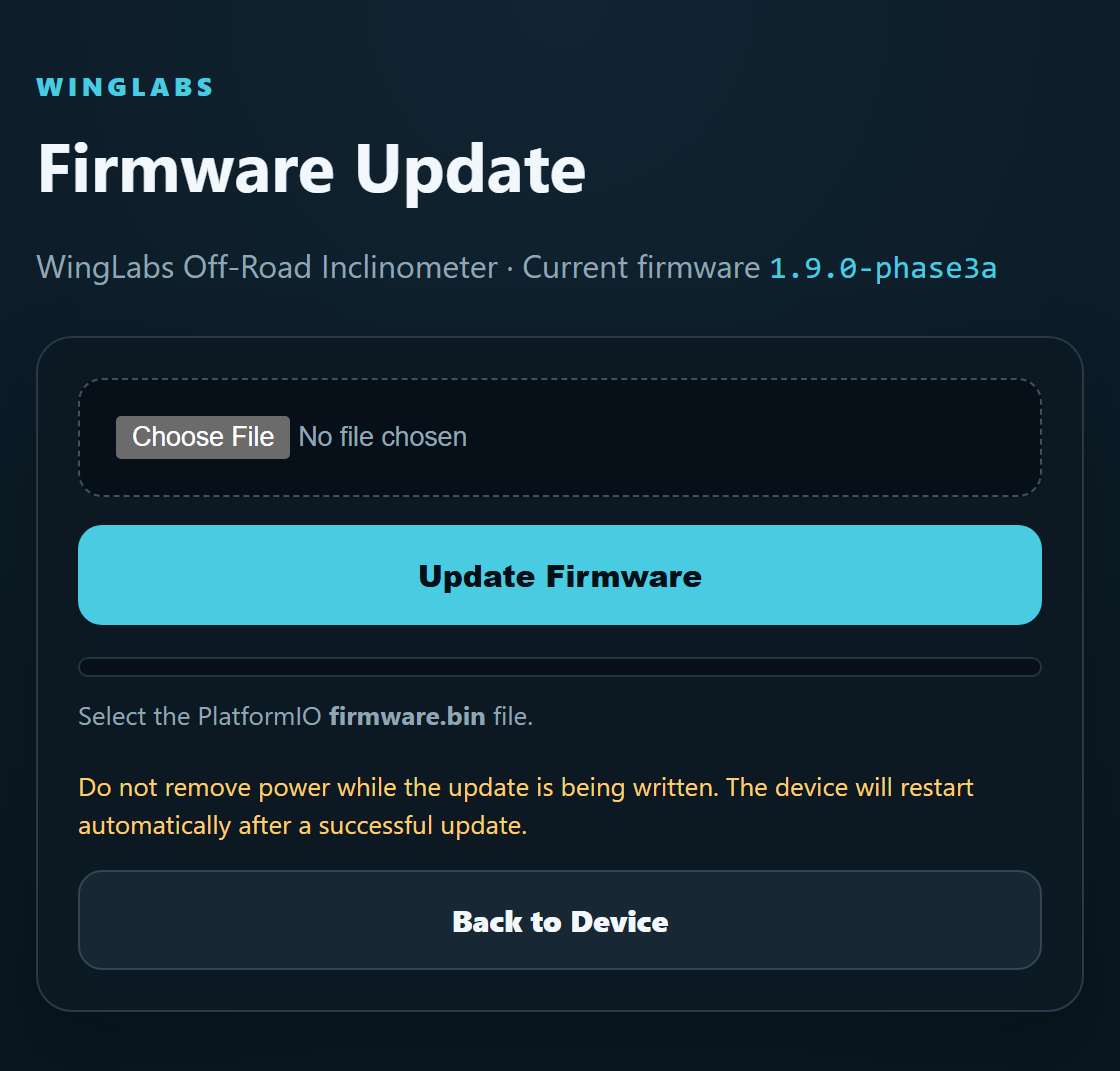 Firmware update page of the control panel