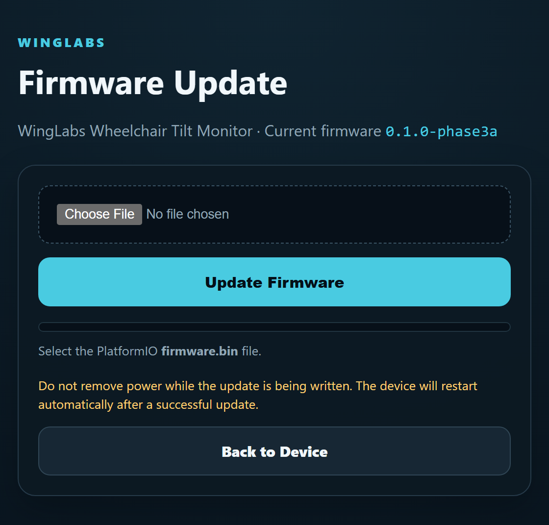 Firmware update page of the control panel